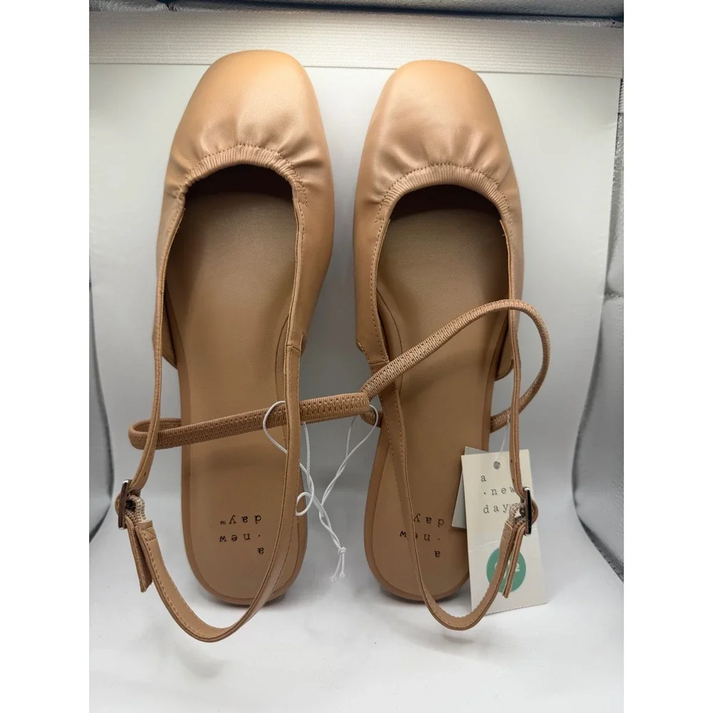 A New Day Vada Tan Slingback Mary Jane Flats Square Toe Memory Foam Womens 9.5